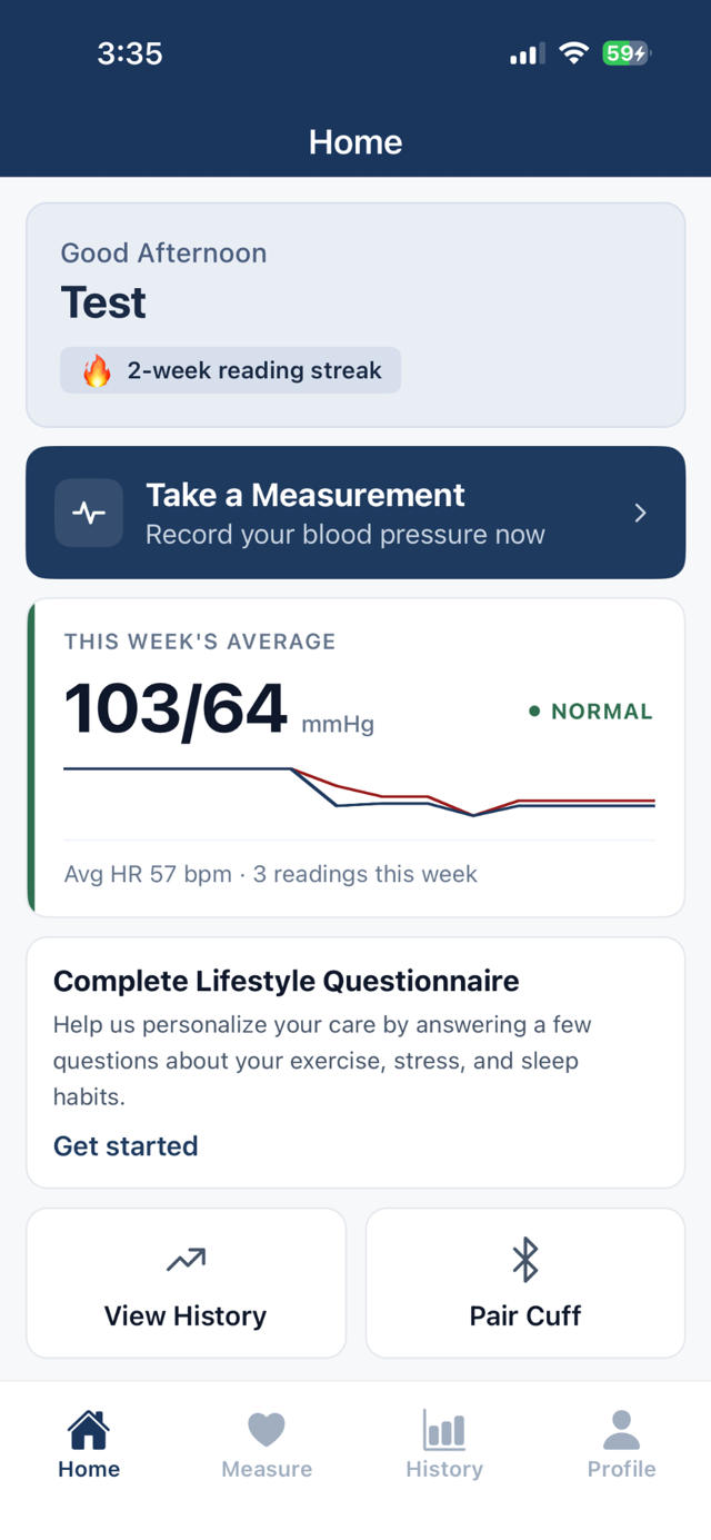 The app home screen showing this week's average blood pressure of 103/64 mmHg