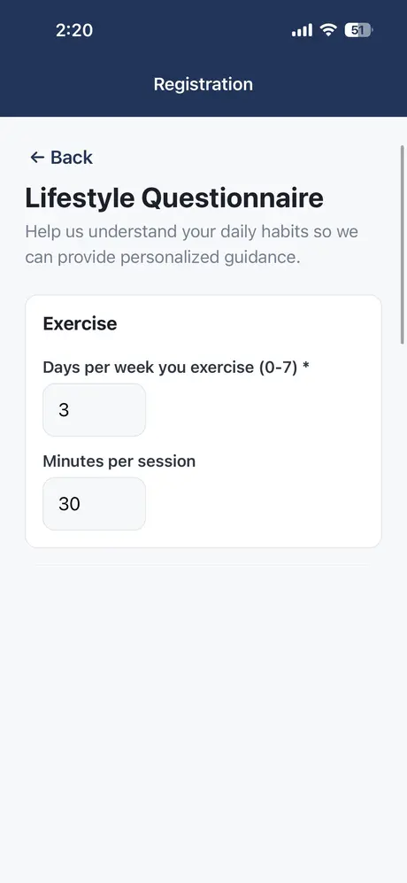 Lifestyle questionnaire, exercise