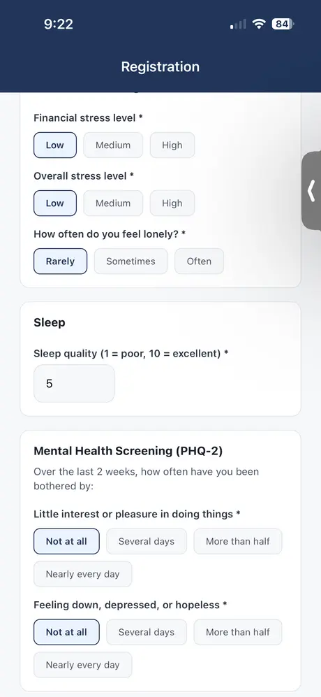 Stress, sleep and mood questions