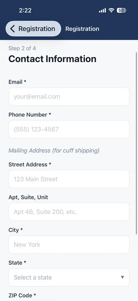 Contact Information registration step asking for email, phone number and the mailing address the cuff ships to
