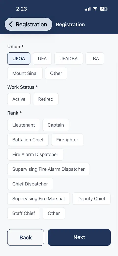 Work Information registration step asking for union, work status and rank
