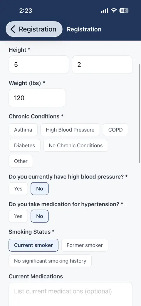 Health information step asking for height, weight, chronic conditions, blood pressure history, medication and smoking status