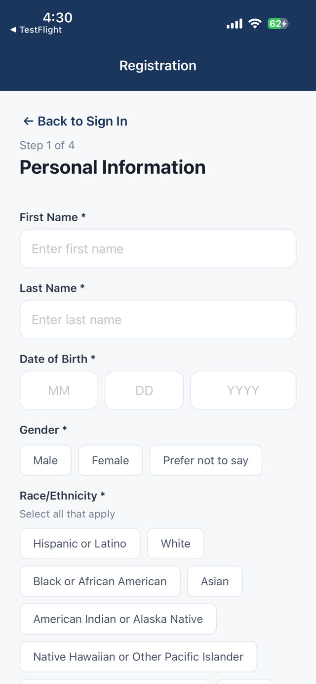 Registration screen, step 1 of 4, collecting personal information