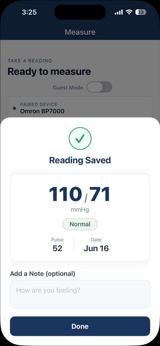 Reading Saved screen showing 110 over 71 mmHg categorized as Normal, with a note field